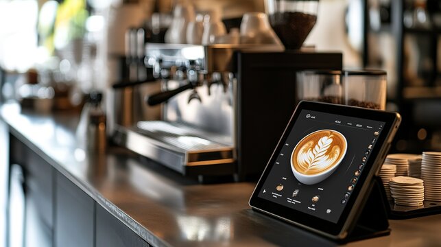 Smart device displaying coffee art on cafe counter