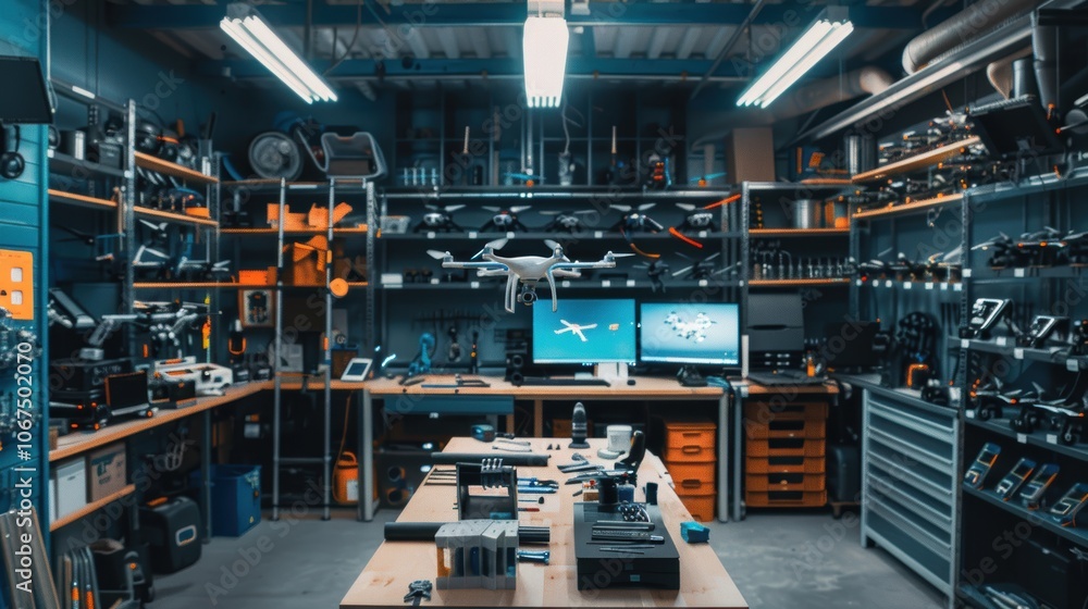 Poster drone engineering workshop: high-tech assembly and testing space for modern innovation