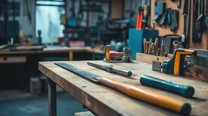 Workshop scene with tools on bench, craftsmanship concept