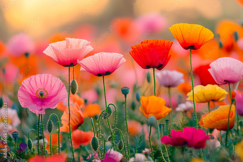 Poster a colorful display of poppies in shades of pink, red, and orange expands across a sunlit field, crea