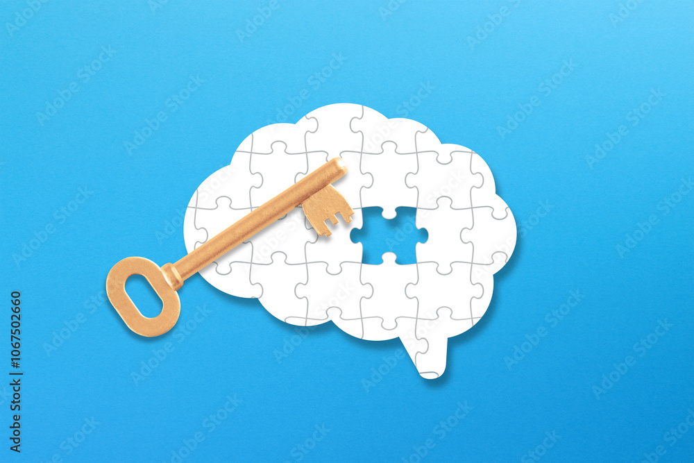 Aufkleber brain shaped white jigsaw puzzle with key on blue background. key solution to the brain puzzle. ment