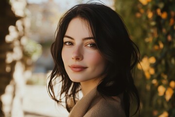 Naklejka premium Stylish dark haired European woman with a charming smile poses for the camera outdoors in sunlight High quality image