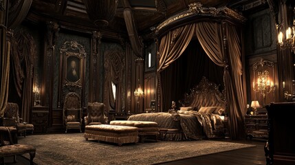 A luxurious bedroom with a four-poster bed, draped in velvet curtains, with an ornate headboard, and plush seating.