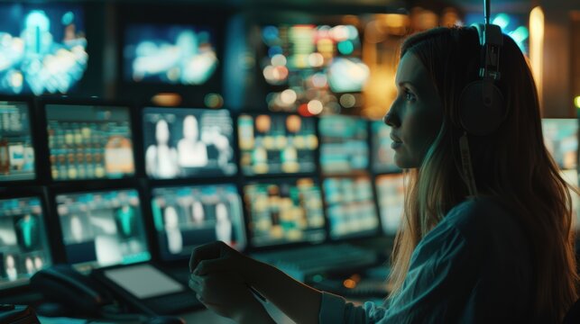 Female TV Producer Overseeing Live Broadcast in High-Energy Control Room