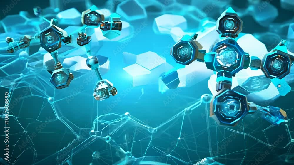 Aufkleber Nanobots assembling microscopic structures in scientific abstract concept. Microlevel ai bots in motion