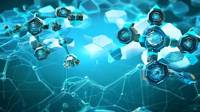 Nanobots assembling microscopic structures in scientific abstract concept. Microlevel ai bots in motion