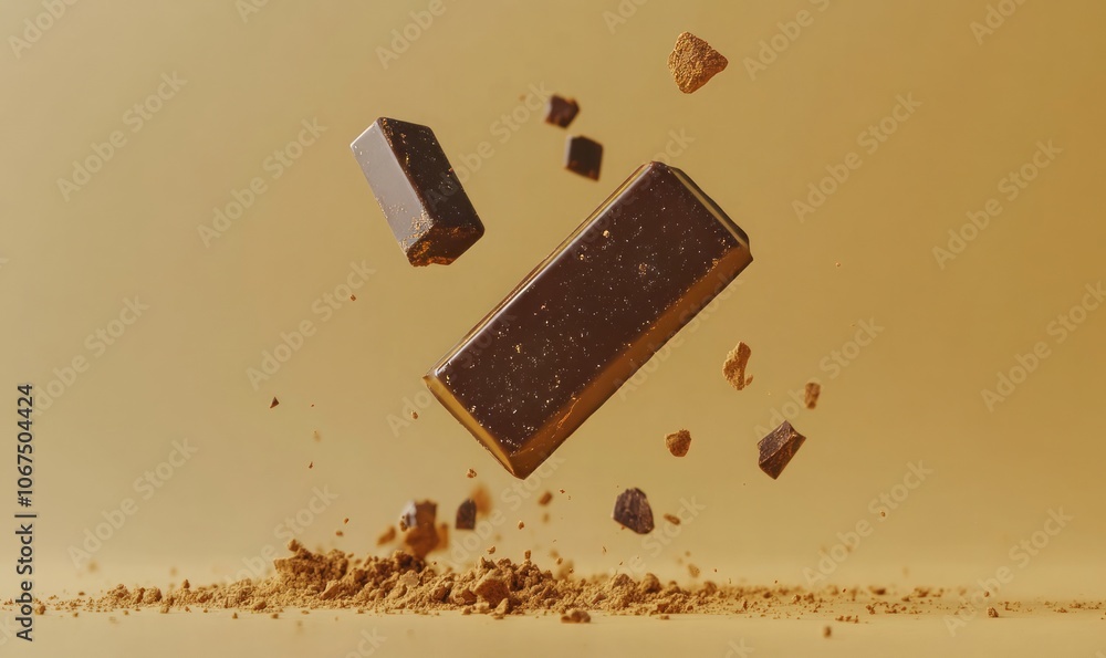 Poster close-up view of chocolate bar falling on gradient surface.
