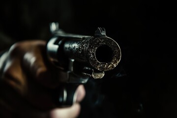 Naklejka premium The pistol s muzzle aimed at the viewer against a black backdrop symbolizes abstract weaponry with no visible person