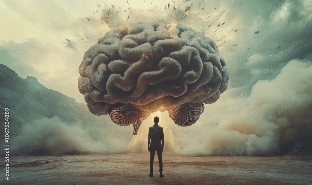 Poster man stands in front of a huge brain, connect to artificial intelligience, explosion of ideas, brains