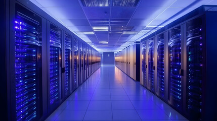 Modern data center with illuminated servers in a high-tech, organized layout   