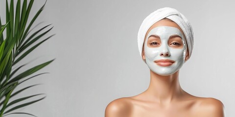 Masked woman with towel headband, relaxed and clean background, skincare, detox mask