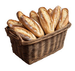 A basket of baguettes, isolated on a transparent background, PNG