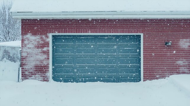 Heavy snowfall covers a garage in a suburban neighborhood during winter