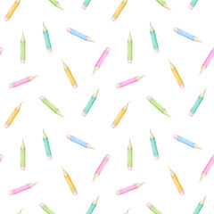colored pencils. Watercolor seamless pattern on white background in pastel colors for textile and wrapping paper. Cute illustration back to school for kids
