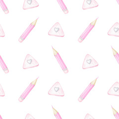 pink pencils, erasers. Watercolor seamless pattern on white background in pastel colors for textile and wrapping paper. Cute illustration back to school for kids