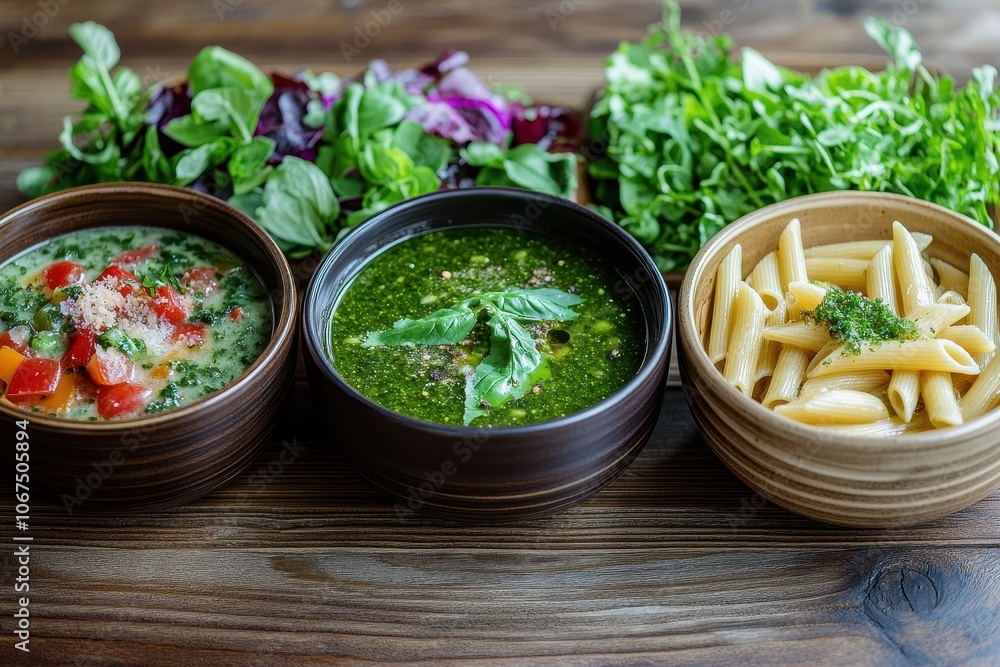 Wall mural Three part meal on the table delicious lunch featuring Green Sorrel soup salad and penne Bolognese