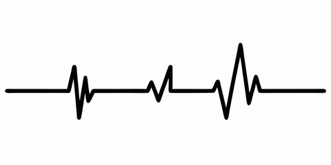 Heart beat one line. Continuous lines heart beats drawing. Wave pulse. Hand draw heartbeat. Design heartbeat for print. Black silhouette cardiogram isolated on white background