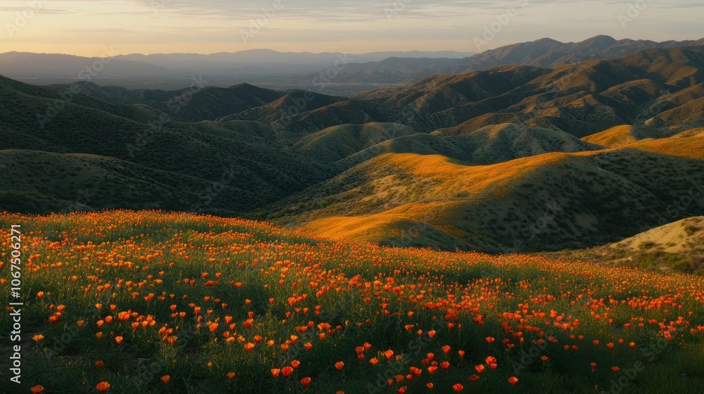 Poster a field of orange poppies blooms in the foreground with rolling hills and mountains in the backgroun