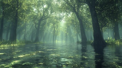 Fototapeta premium Sunbeams illuminate a mystical forest path through a still, reflective river.