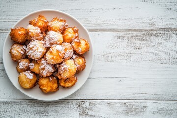 Tippaleipa a Finnish May Day treat features deep fried funnel cakes dusted with powdered sugar presented on a white wooden table from an overhead angle
