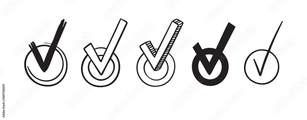 Poster doodle round checkboxes with tick. hand drawn scribble check marks with ticks set. different doodle 