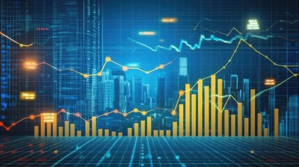 Business-themed background with a stock chart, corporate icons, and economic data, dynamic market trends 