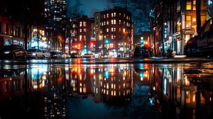 Reflections of city lights and buildings at night, capturing an urban vibe    