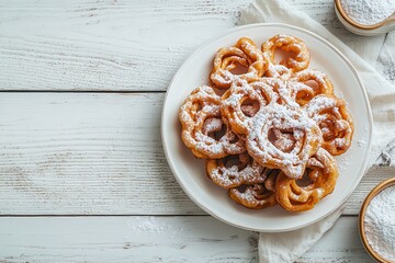 Tippaleipa Finnish funnel cakes for May Day deep fried and sprinkled with powdered sugar arranged on a white wooden table viewed from above in a close up shot