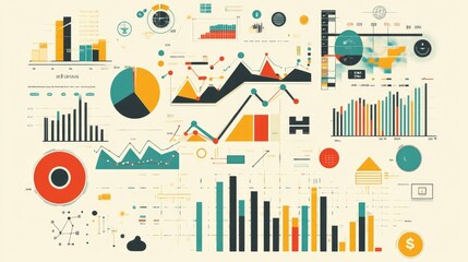 Obraz premium Business-themed background with a stock chart, corporate icons, and economic data, dynamic market trends 