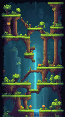 Pixel game level design. Platform game asset, fantasy 8 bit environtmen