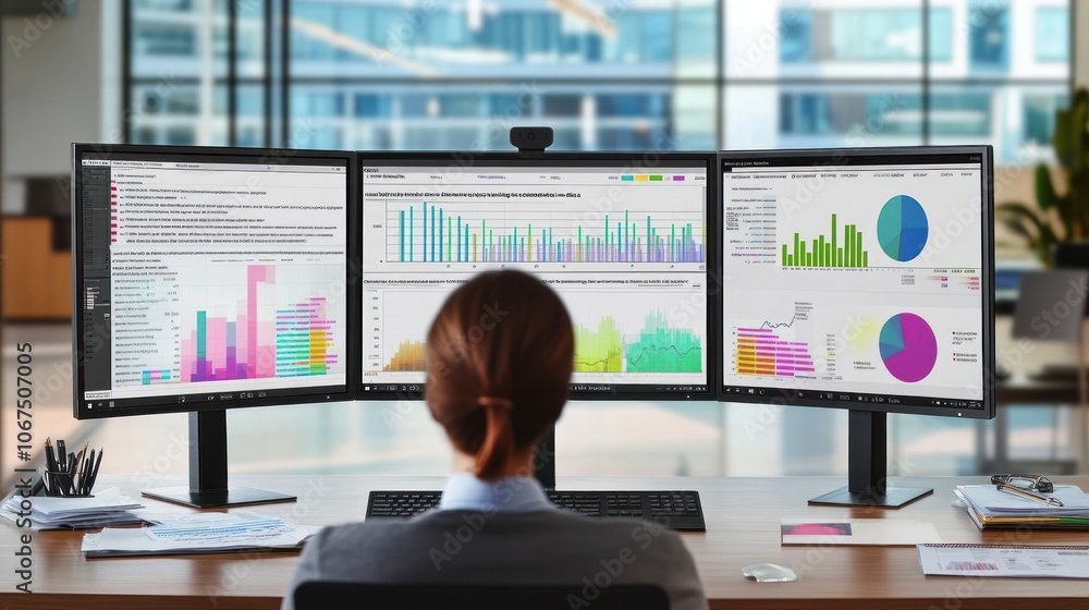 Poster a person analyzing data on multiple computer screens in a modern office environment.