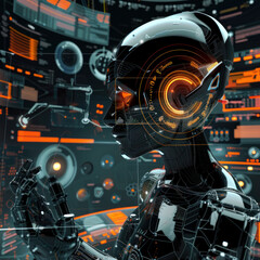 Futuristic robot head profile with glowing orange eye interface against high-tech digital background