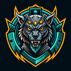 Fototapeta premium Mechanical beast esports logo featuring a fierce wolf design with vibrant colors and sharp features representing gaming prowess