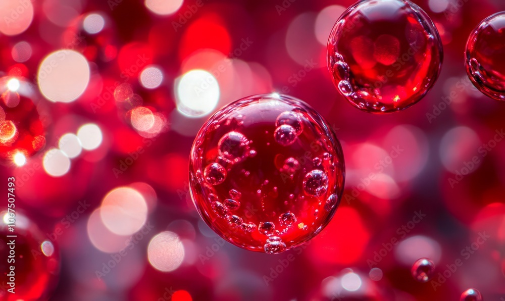 Poster close-up view of vibrant red molecules surrounded by bubbles, showcasing intricate details and a fre