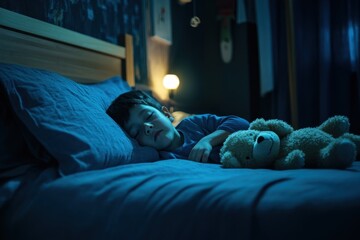 Toddler dozing in a dim room Boy resting Good nighttime sleep Nursery with soft light Child with stuffed animal Kid s bedding