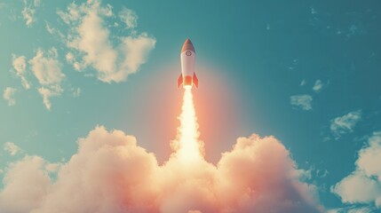 Fototapeta premium Idea light bulb flying to the sky like a rocket - Flat lay
