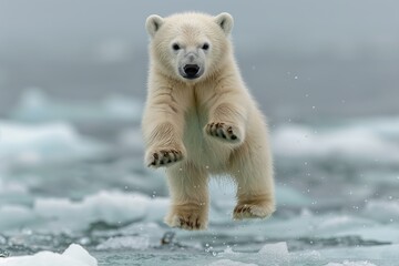 Polar bear cub jumping packice of spitsbergen
