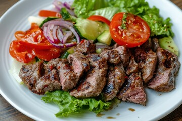Top down view of grilled pork with fresh veggie salad on a white plate