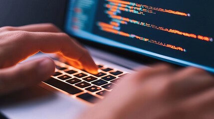 Close-up of fingers on keyboard, bright code on screen, tech ambiance