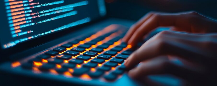 Close-up of keyboard with code, programmer typing, dimly lit