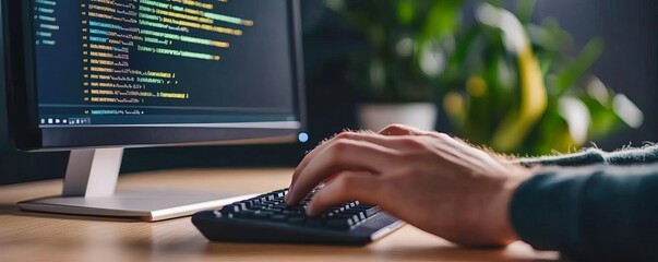 Close-up of programmer typing, monitor with code