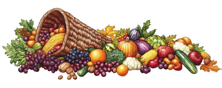 harvest cornucopia overflowing with colorful fruits and vegetables clip art preview