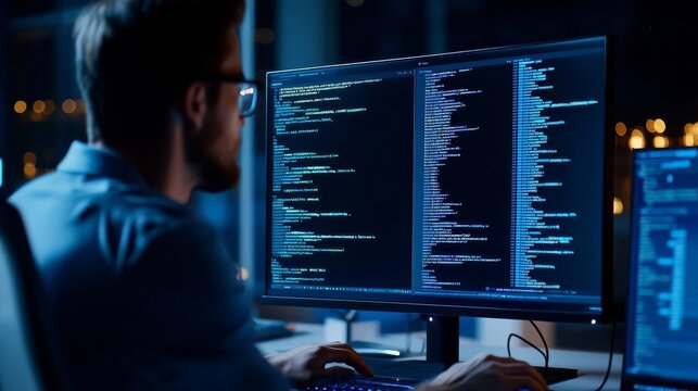 Coder working in quiet room, bright screen, focused