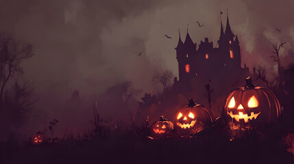Spooky Halloween illustration featuring pumpkins and a castle, with a dark, playful style    