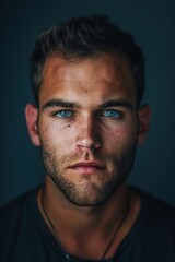 Obraz premium Intense Portrait of Young Man with Sharp Features Against Dark Navy Background