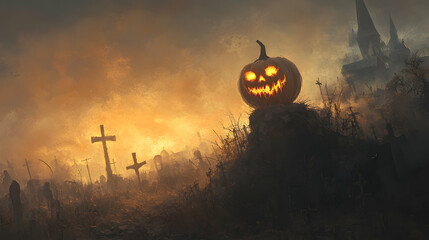 Spooky zombie pumpkin rising out of a graveyard    