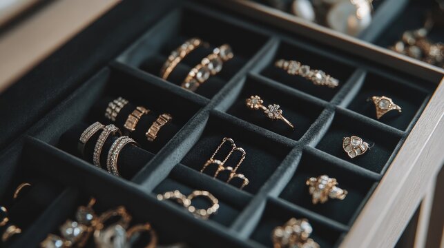 Elegant jewelry organizer with compartments, displaying an array of rings, necklaces, and earrings in a stylish and organized manner, enhancing decor and access.