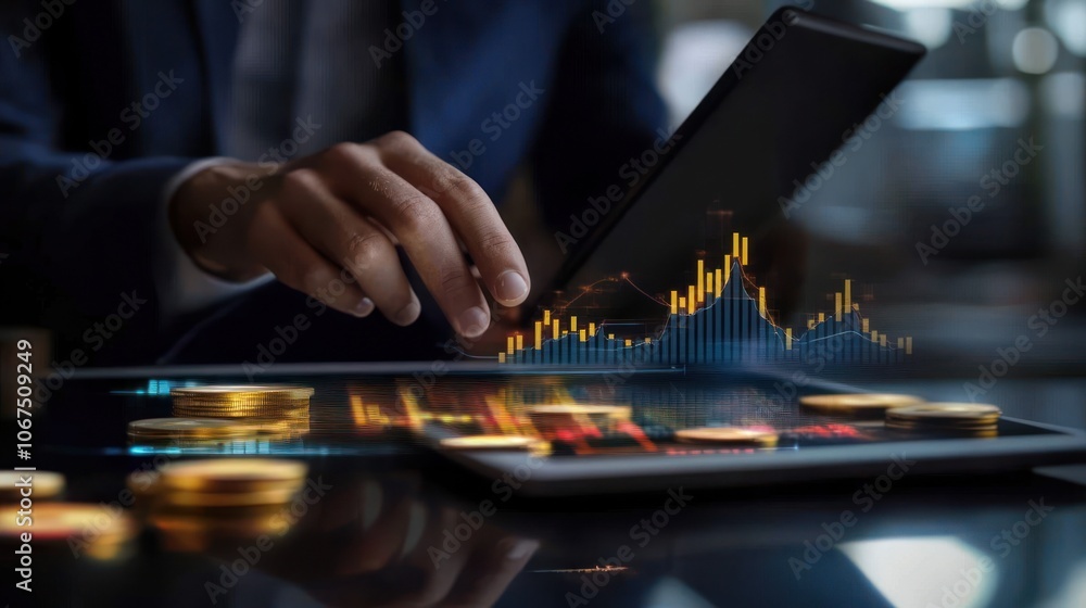 Poster a person analyzing financial data on a tablet with graphs and coins on a table.