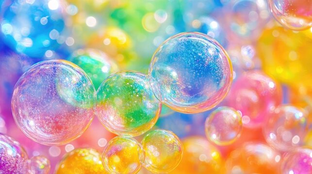 Close-up image of floating rainbow bubbles, background, wallpaper