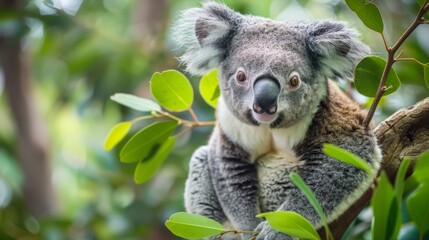 Fototapeta premium Cute Koala Sitting in a Tree Surrounded by Lush Greenery